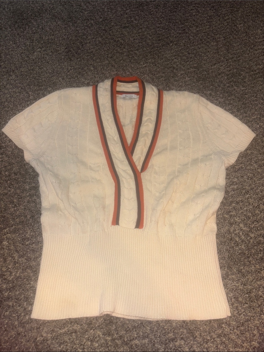 100% Cotton Cable-Knit Cream V-Neck Top with Contrast Trim